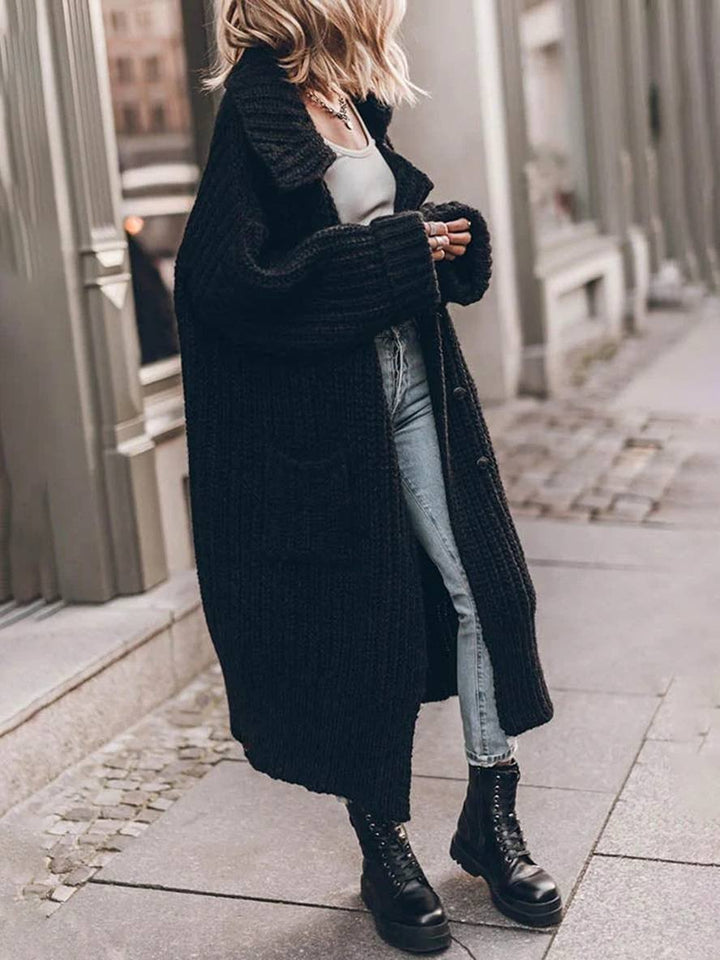Women's oversized chunky rib-knit longline cardigan with shawl collar and front pockets