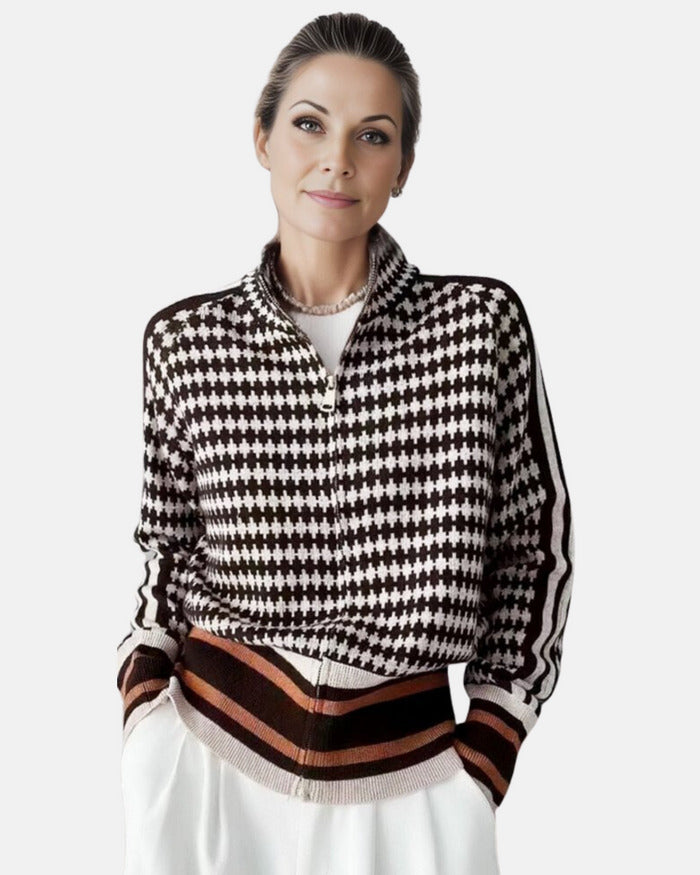 Women's houndstooth zip cardigan with stand collar and striped ribbed trims