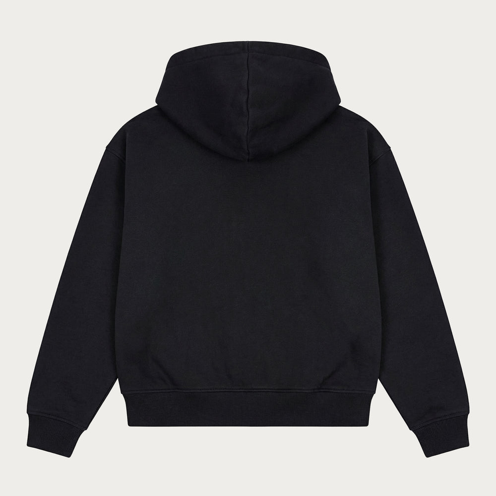 Black zip hoodie with hood, long sleeves, front pockets and ribbed trims