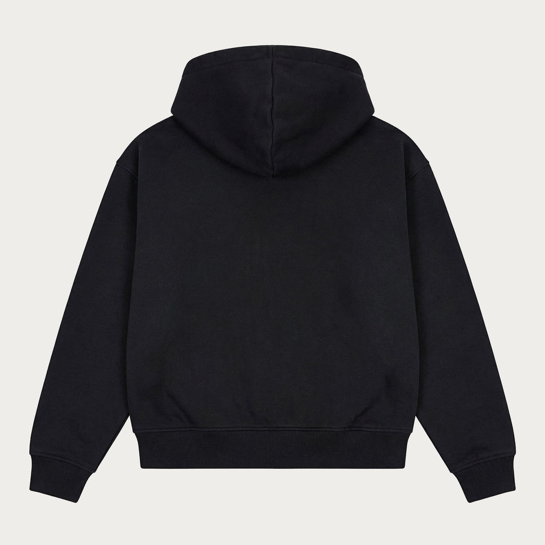 Black zip hoodie with hood, long sleeves, front pockets and ribbed trims