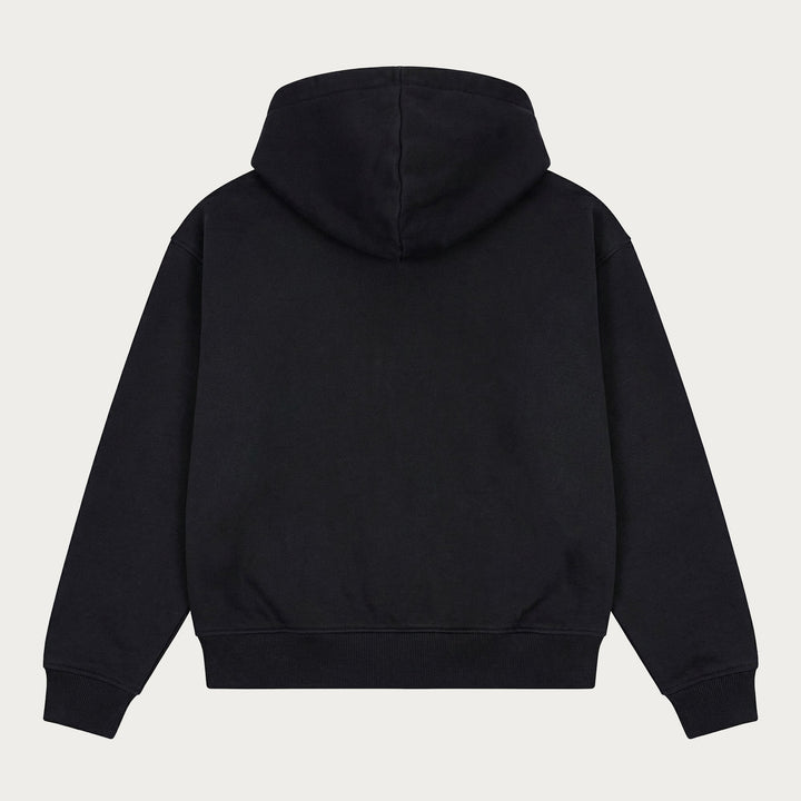Black zip hoodie with hood, long sleeves, front pockets and ribbed trims