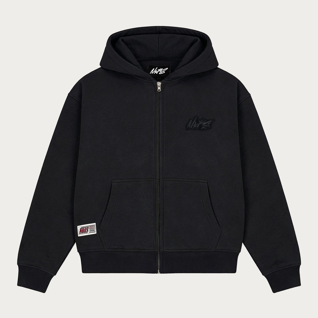 Black zip hoodie with hood, long sleeves, front pockets and ribbed trims