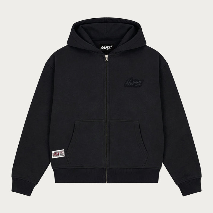Black zip hoodie with hood, long sleeves, front pockets and ribbed trims
