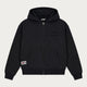 Black zip hoodie with hood, long sleeves, front pockets and ribbed trims