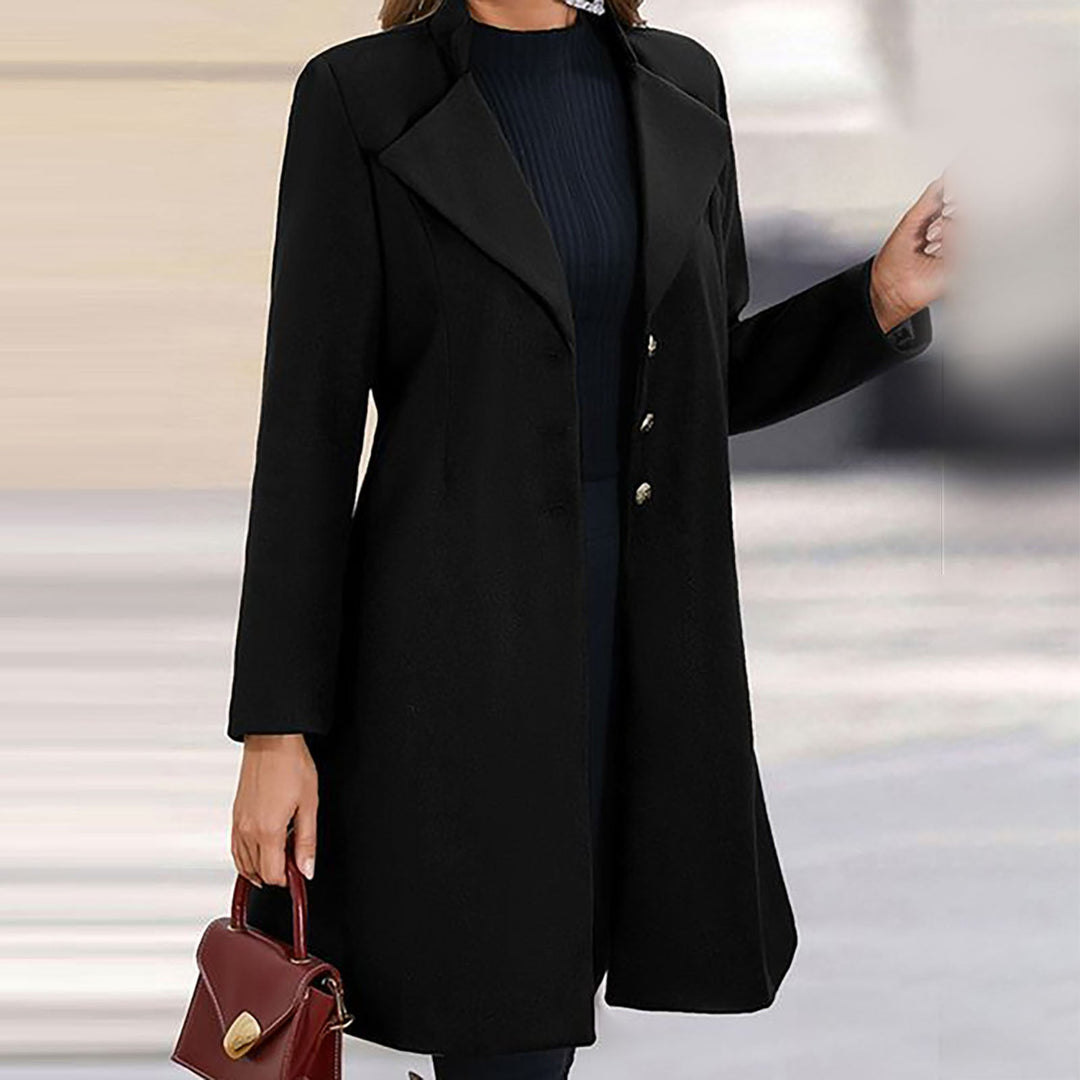 Women's long tailored coat with notched lapels and button front