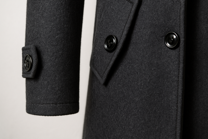 Men's long structured coat with mock neck, lapels, buttons, zipper and multiple pockets