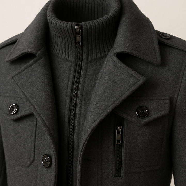 Men's long structured coat with mock neck, lapels, buttons, zipper and multiple pockets