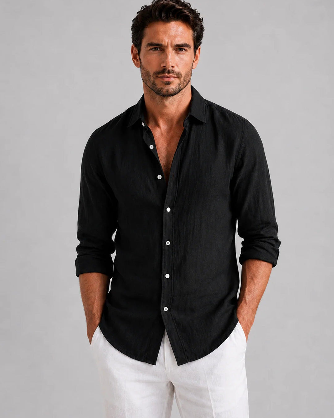 Men's long sleeve button-front shirt with pointed collar and curved hem