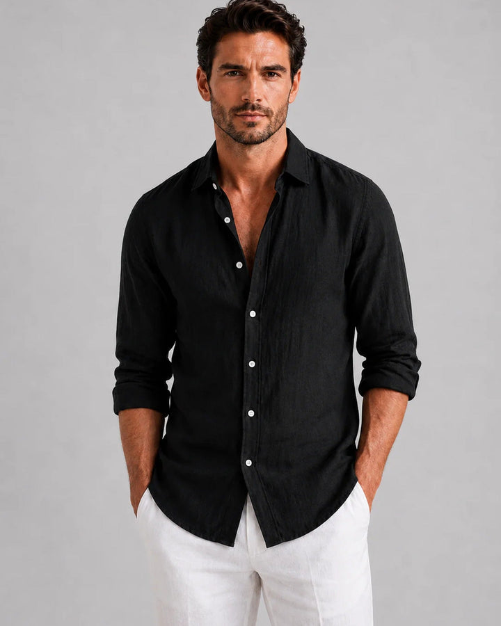 Men's long sleeve button-front shirt with pointed collar and curved hem