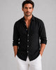 Men's long sleeve button-front shirt with pointed collar and curved hem