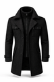 Men's long structured coat with mock neck, lapels, buttons, zipper and multiple pockets