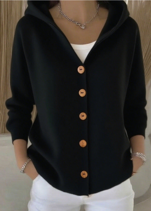 Women's hooded button-front cardigan with long sleeves and ribbed knit texture