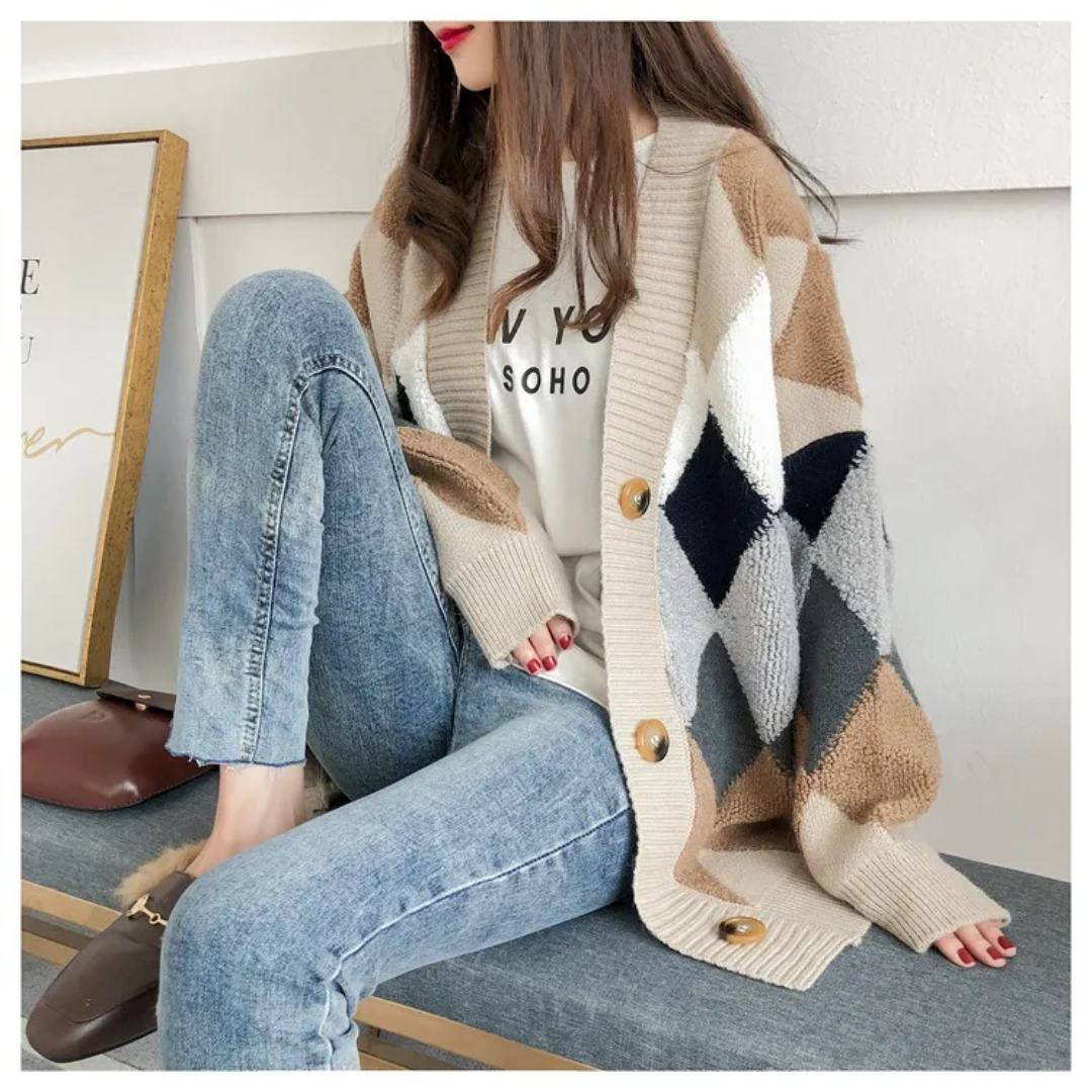 Women's multicolor argyle knit cardigan with buttons and long sleeves