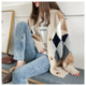 Women's multicolor argyle knit cardigan with buttons and long sleeves