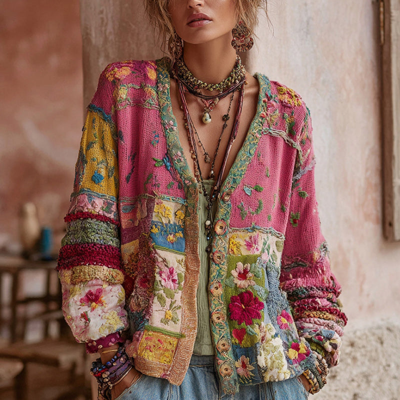 Women's multicolor floral patchwork cardigan