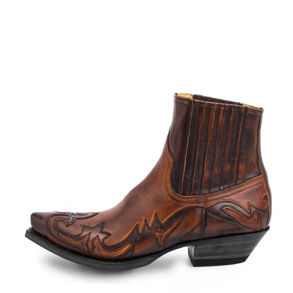 Men's western ankle boots with pointed toes, stitched motifs and low block heels
