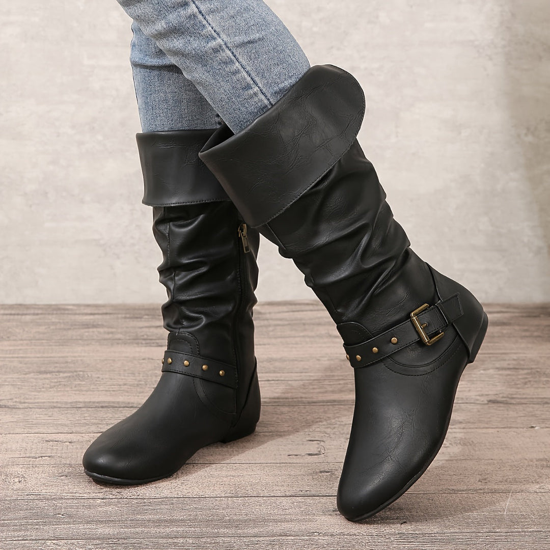 Women's Knee-High Boots with Side Zipper in Black - View 5 | Bellmere