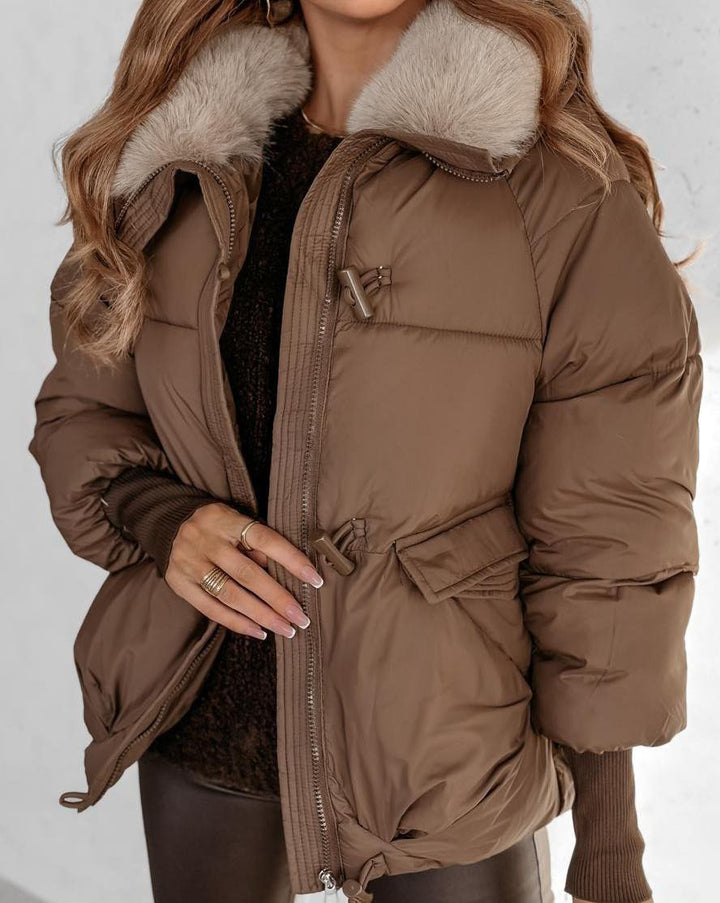 Women's cropped puffer jacket with plush collar and long sleeves