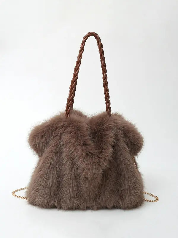 Faux fur shoulder bag with braided handles and chain strap