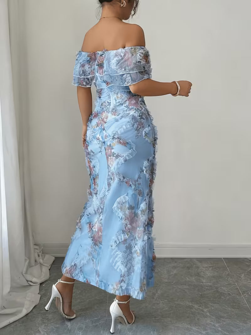 Women's off-shoulder maxi dress with short ruffled sleeves and floral embroidery