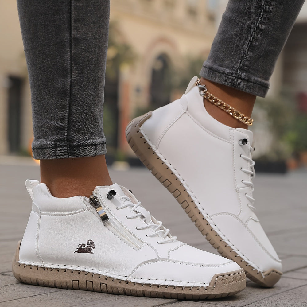Women's White Ankle Sneaker, Lace-Up Zip Closure