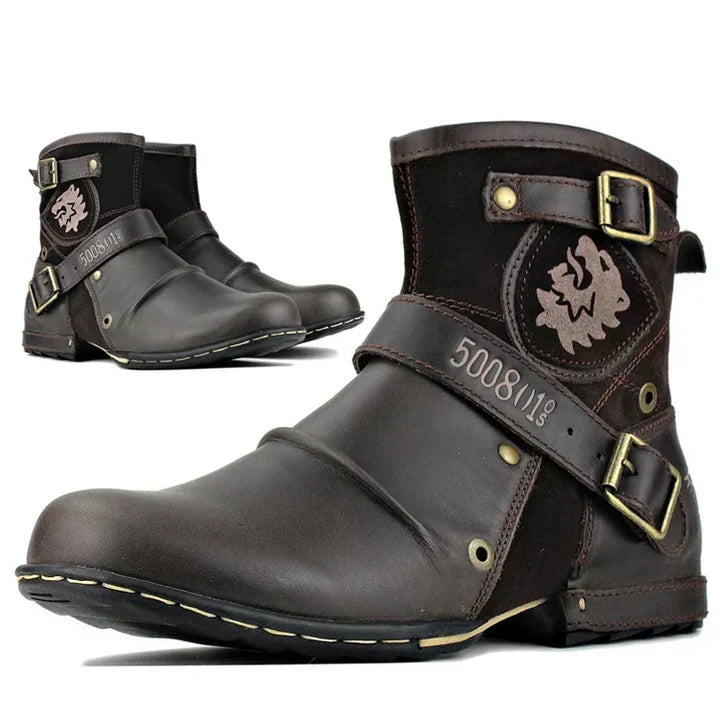 Men's biker ankle boots with buckle straps, round toes and side emblems