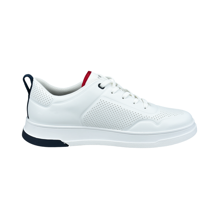 White low-top lace-up sneaker with perforated panels and dark logo