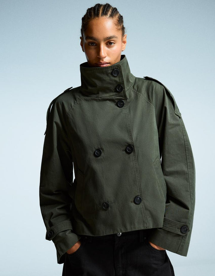 Women's trench jacket with high collar, button front, tie belt and long sleeves