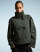 Women's trench jacket with high collar, button front, tie belt and long sleeves