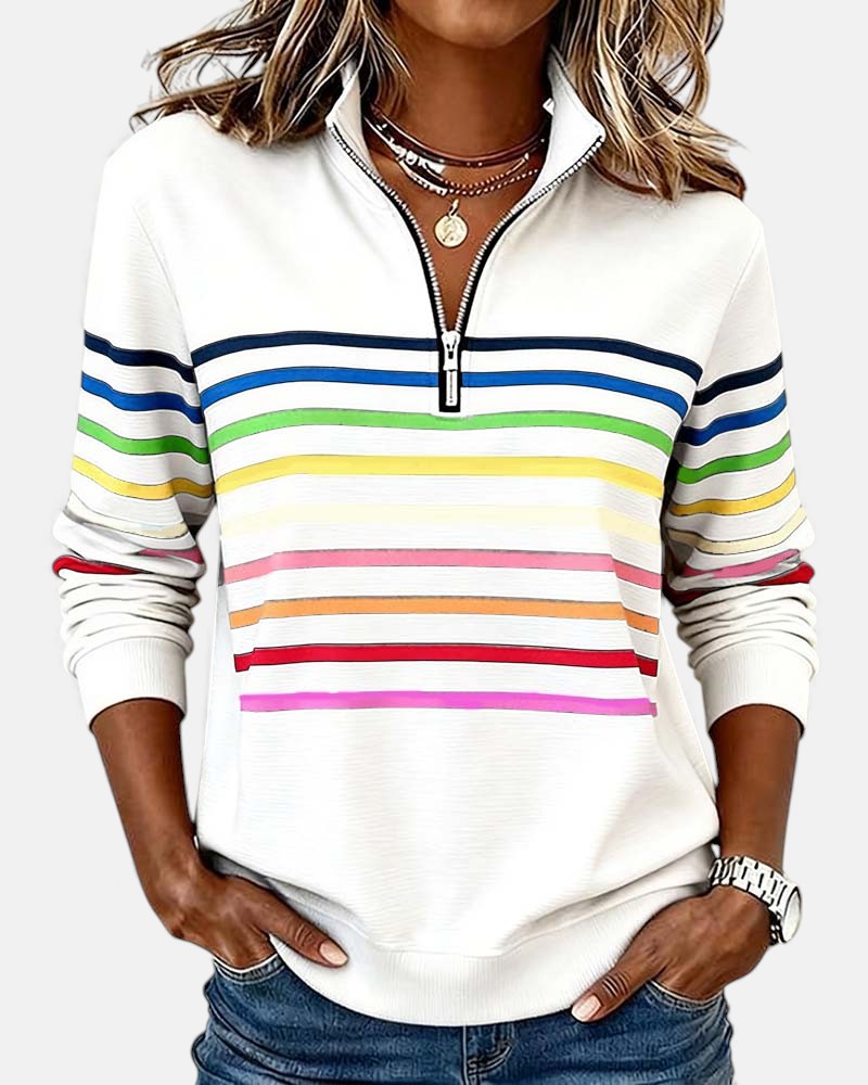 Women's Rainbow Striped Zip Sweatshirt in Gray - View 3 | Bellmere