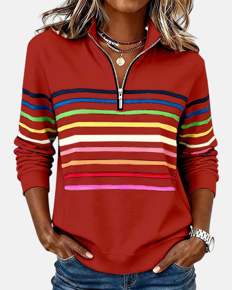 Women's Rainbow Striped Zip Sweatshirt in Gray - View 4 | Bellmere