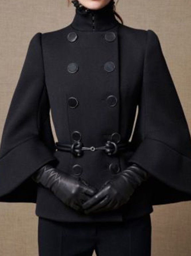 Women's black high neck cape coat with buttons and flared sleeves