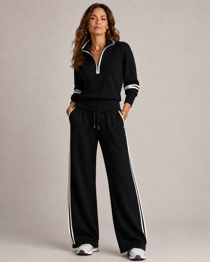 Women's zip sweater and wide-leg trouser set with contrast striped trims