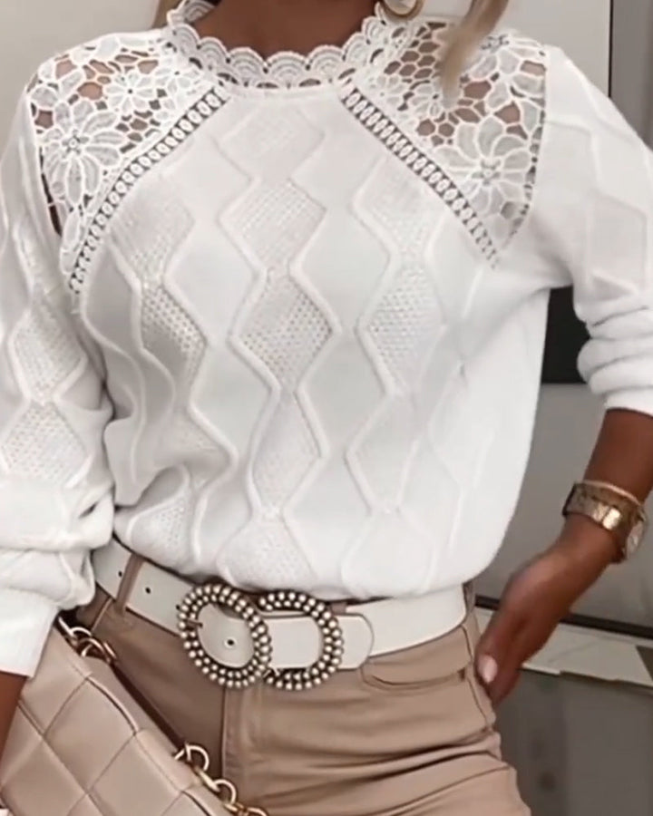 Women's white textured sweater with floral lace shoulder yoke and long sleeves