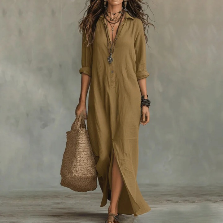 Women's maxi dress with collar and three-quarter sleeves, shown in white and black