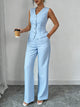 Women's pinstripe sleeveless vest and wide-leg trouser set with V-neck and button front