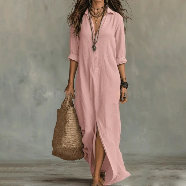 Women's maxi dress with collar and three-quarter sleeves, shown in white and black