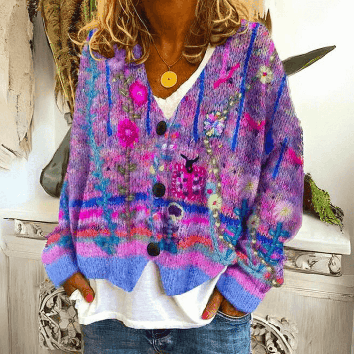 Women's multicoloured floral V-neck button cardigan with long sleeves