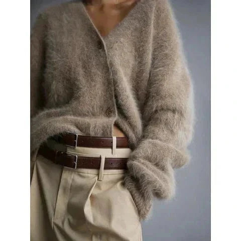 Women's fuzzy knit V-neck cardigan with button front and long sleeves