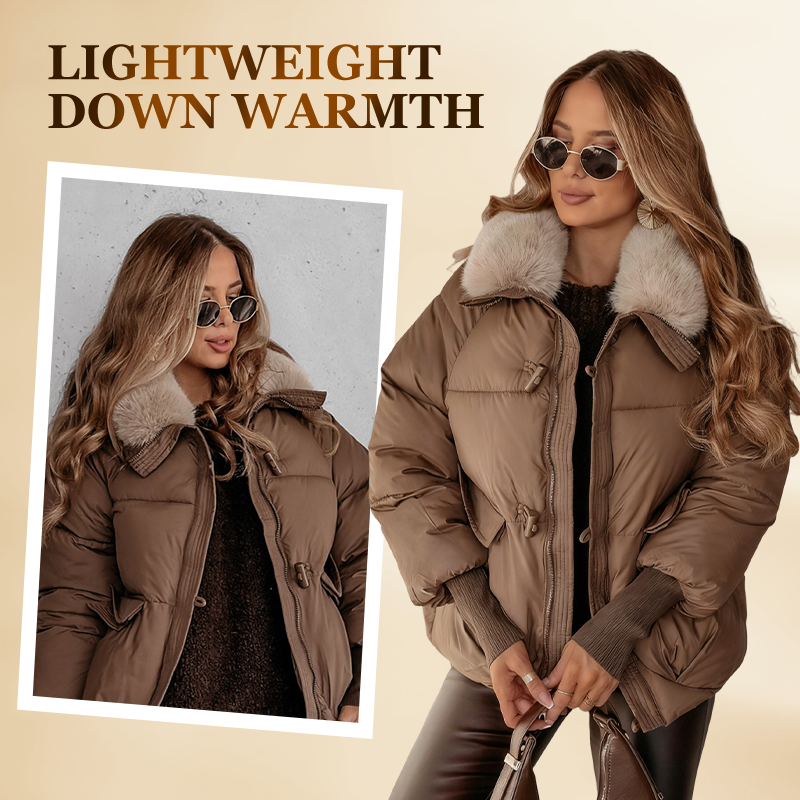Women's cropped puffer jacket with plush collar and long sleeves
