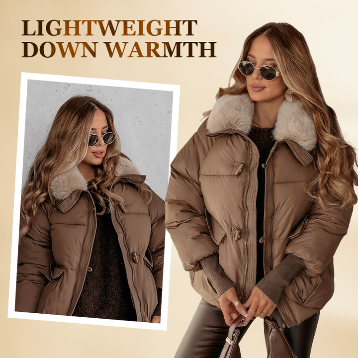 Women's cropped puffer jacket with plush collar and long sleeves