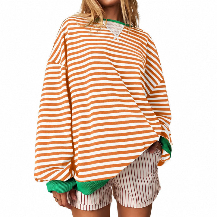 Women's striped crew-neck sweater with long sleeves and contrast trims