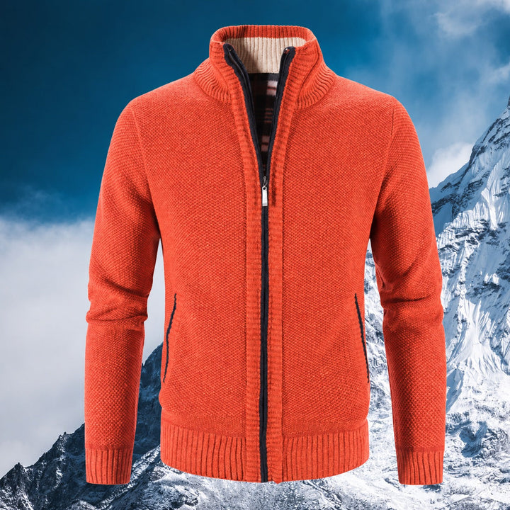 Men's textured zip-up sweater with mock neck collar and ribbed trims