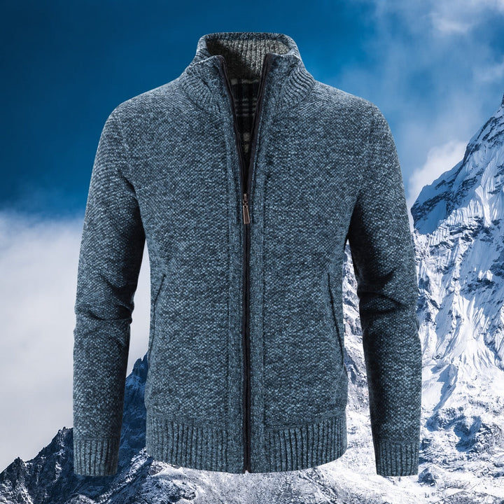 Men's textured zip-up sweater with mock neck collar and ribbed trims