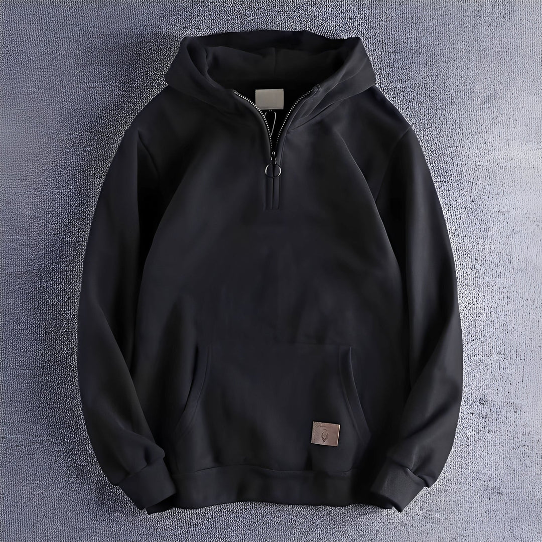 Men's hooded half-zip hoodie with long sleeves and kangaroo pocket