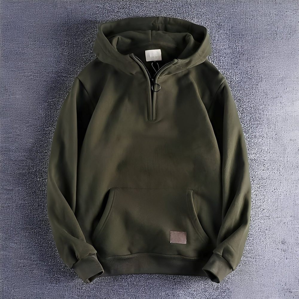 Men's hooded half-zip hoodie with long sleeves and kangaroo pocket