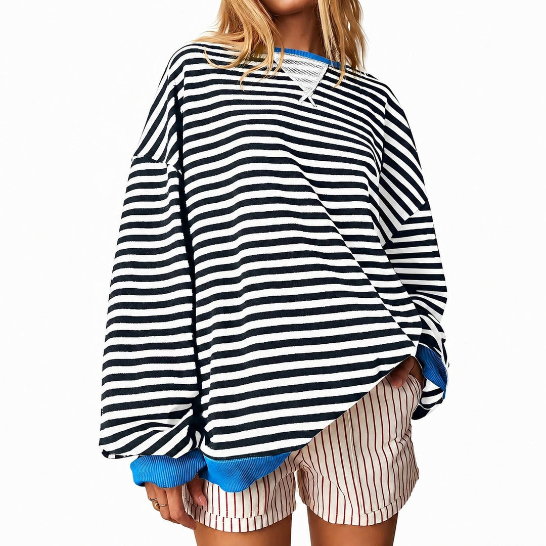 Women's striped crew-neck sweater with long sleeves and contrast trims