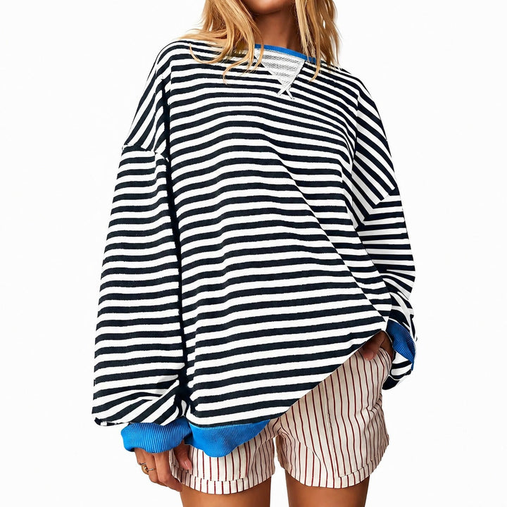 Women's striped crew-neck sweater with long sleeves and contrast trims