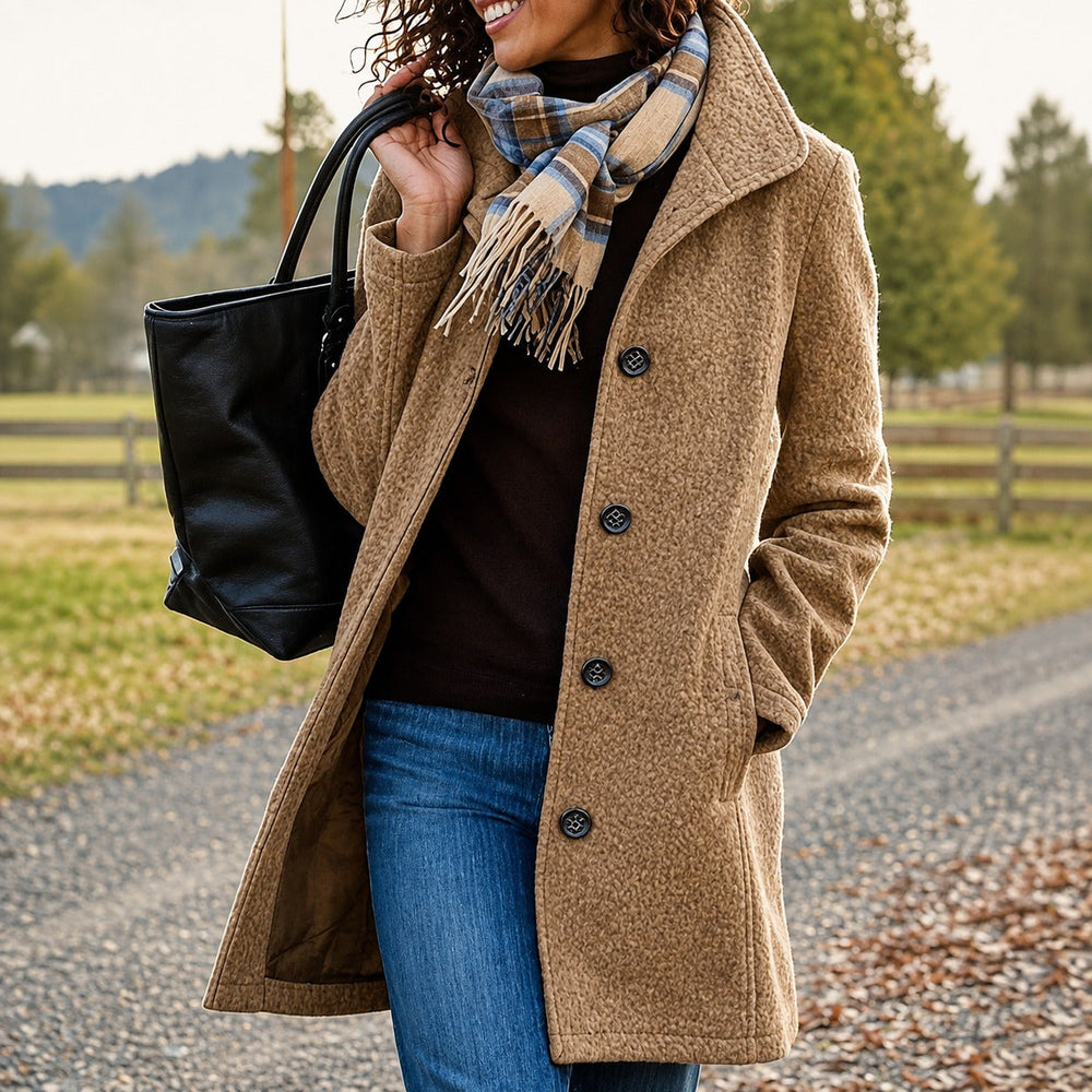 Women's textured mid-length coat with wide collar and buttons