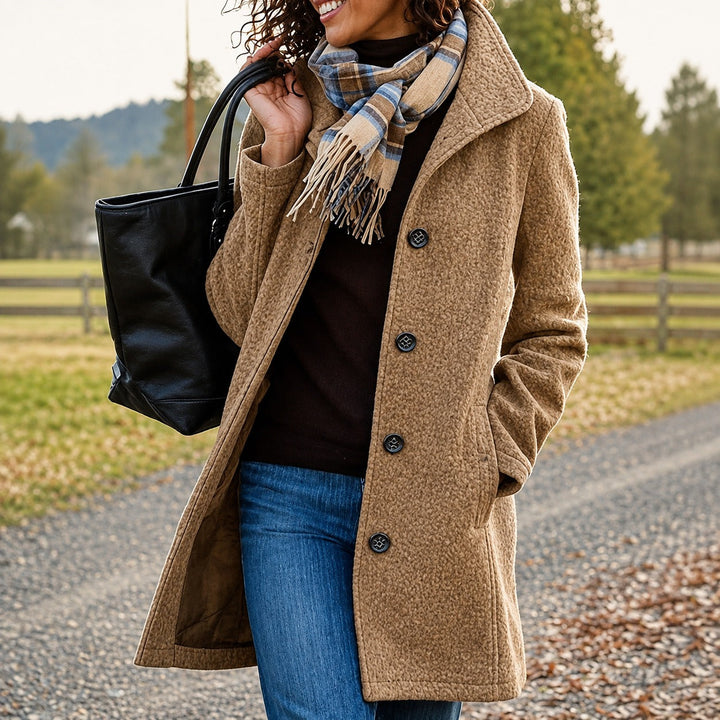 Women's textured mid-length coat with wide collar and buttons